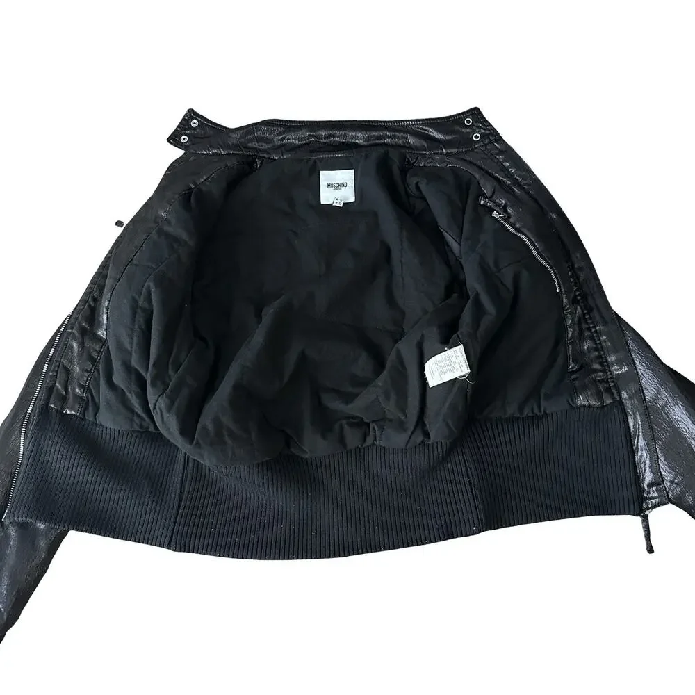 Moschino Jeans Moto Jacket Women's 6 Black Shiny Textured Wool Blend‎ Italy Zip